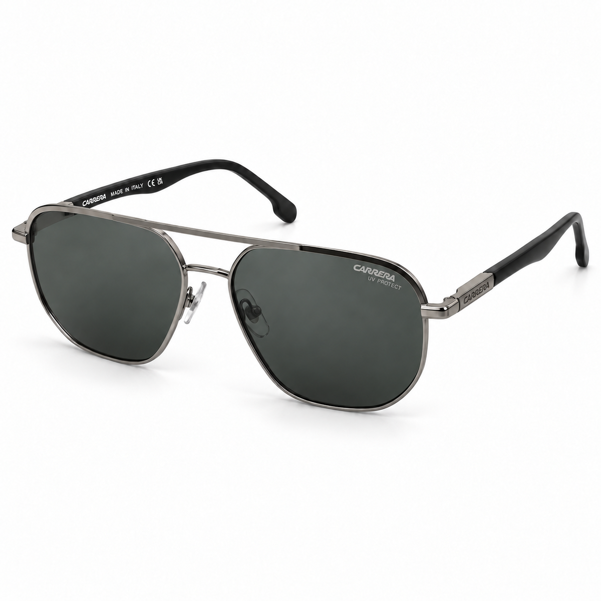 Carrera gunmetal square aviator sunglasses with dark smoky lenses and black arms