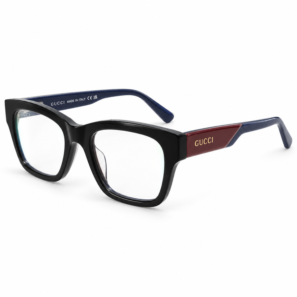 Gucci — Square Optical Frame with Two-Tone Temples — Black / Burgundy / Navy