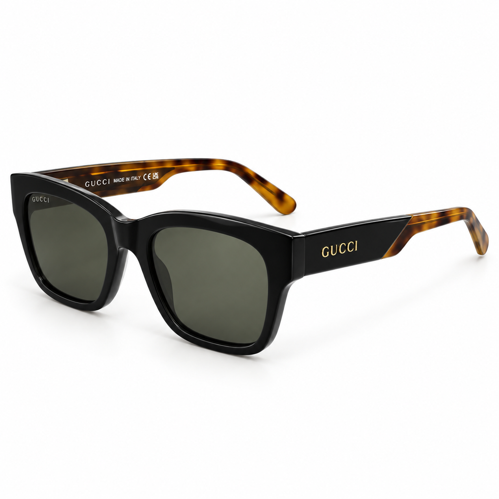 Gucci — Square Sunglasses with Two-Tone Temples — Black / Amber Tortoiseshell