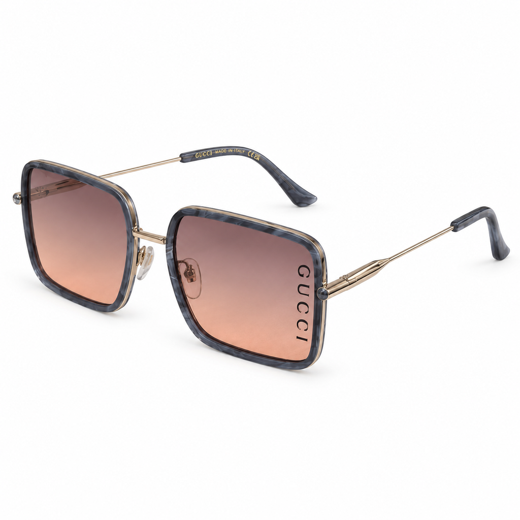 Gucci square sunglasses — smoky gray frame, gold-tone arms and pink gradient lenses