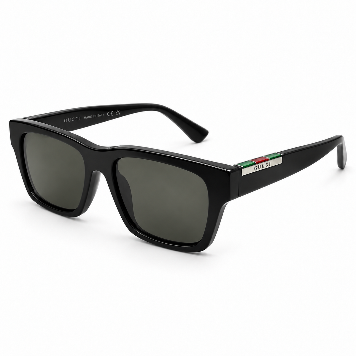 Gucci — Square Sunglasses with Striped Temple Plaques — Black / Silver / Gray