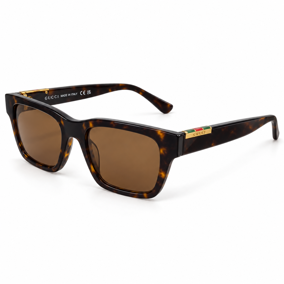 Gucci — Square Sunglasses with Striped Temple Plaques — Tortoiseshell / Gold / Brown