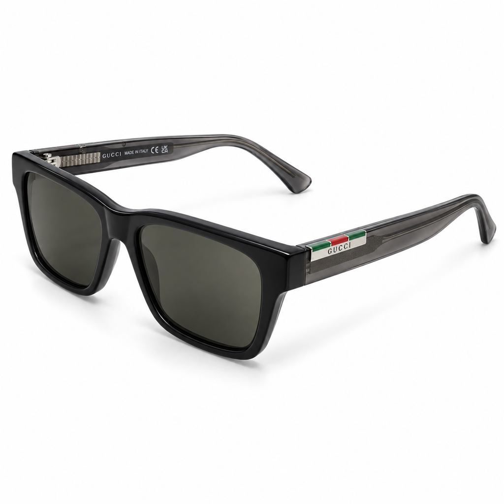 Gucci — Square Sunglasses with Striped Temple Plaques — Black / Smoky Gray Temples