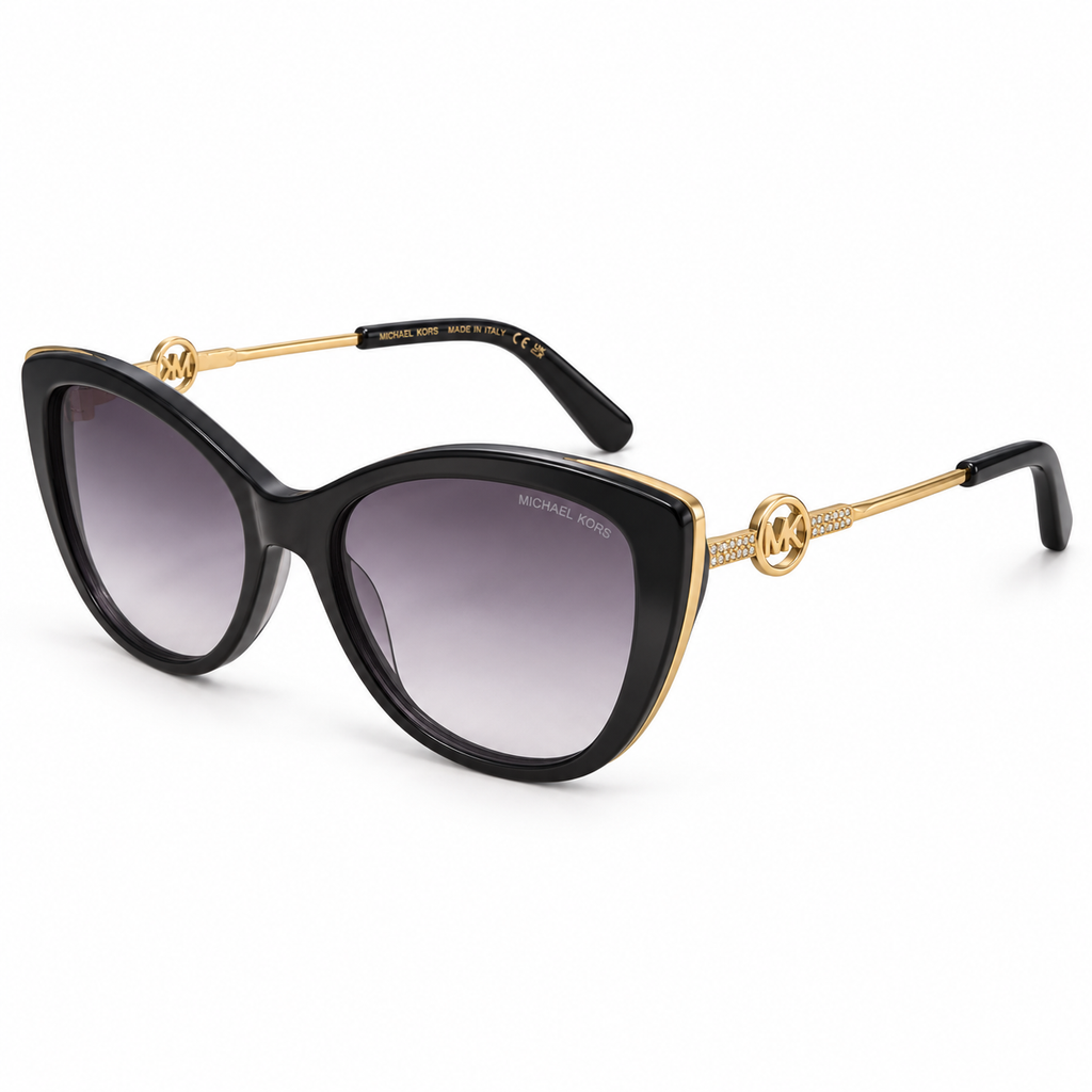 Michael Kors — Butterfly Sunglasses with Crystal Temple Detail — Black / Light Purple Gradient