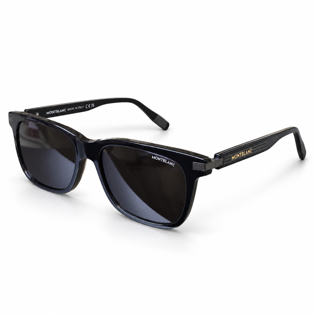 Montblanc striped-temple sunglasses — Black / Gunmetal — three-quarter view