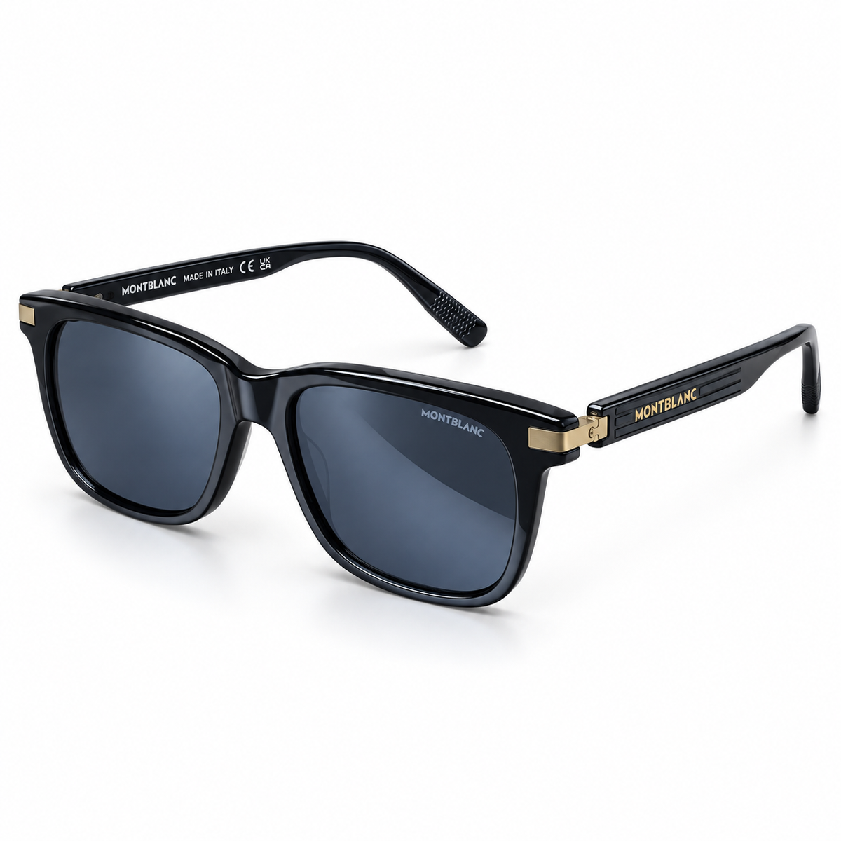 Montblanc striped-temple sunglasses — Black / Gold — three-quarter view