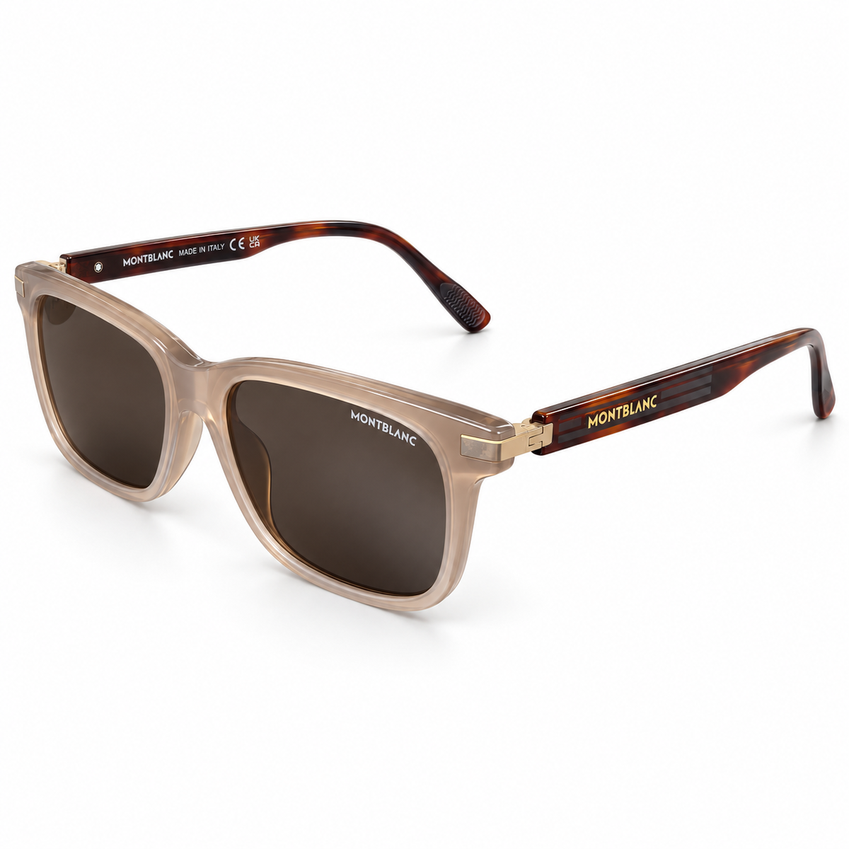 Montblanc striped-temple sunglasses — Taupe / Tortoiseshell — three-quarter view