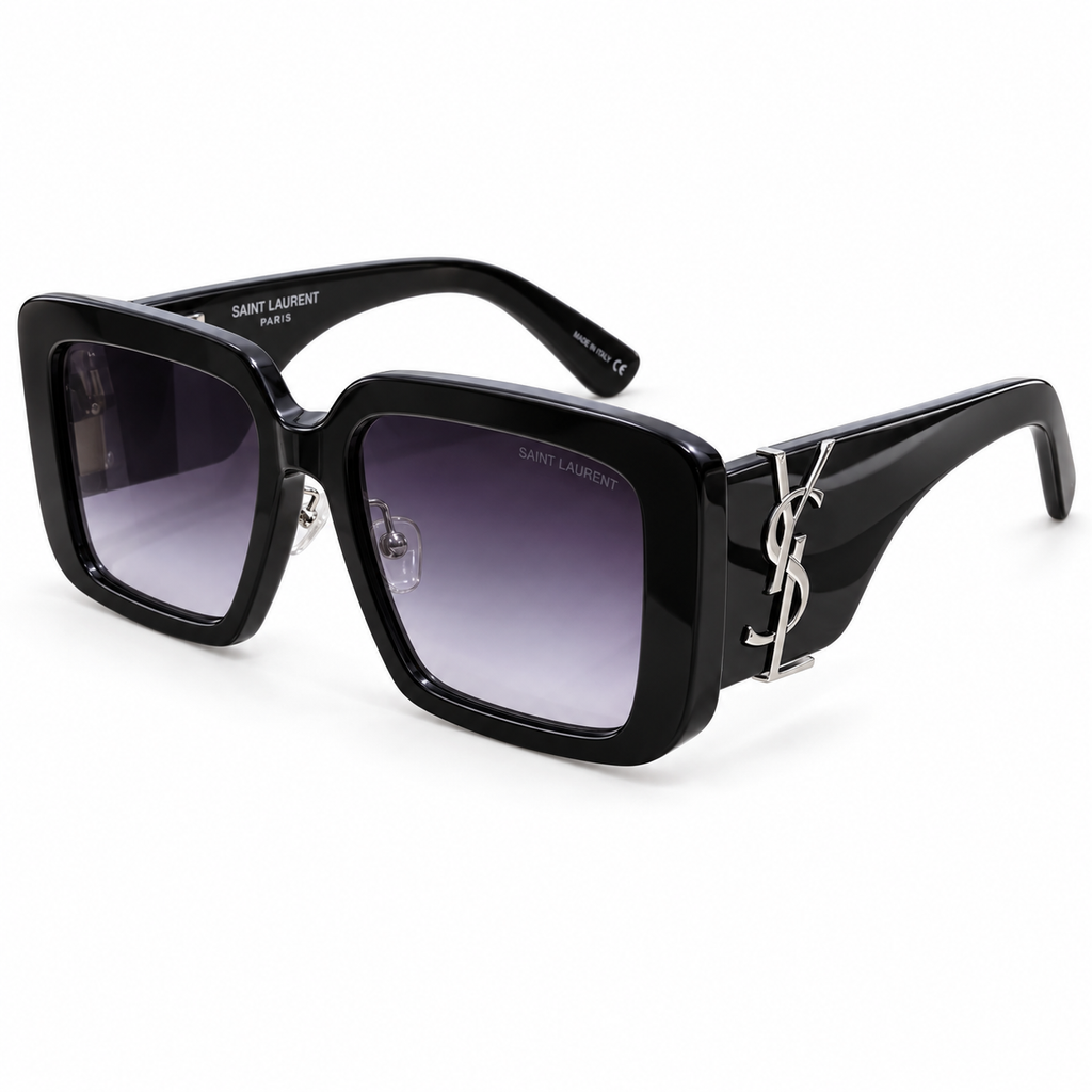 Saint Laurent — Oversized Square Sunglasses — Black / Silver / Purple Gray Gradient